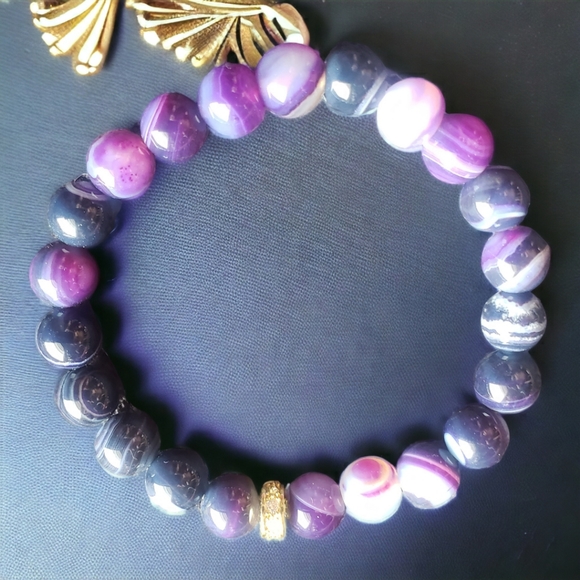 Purple Striped Agate Gemstone Handcrafted Bracelet with Gold CZ Accent - Picture 2 of 6